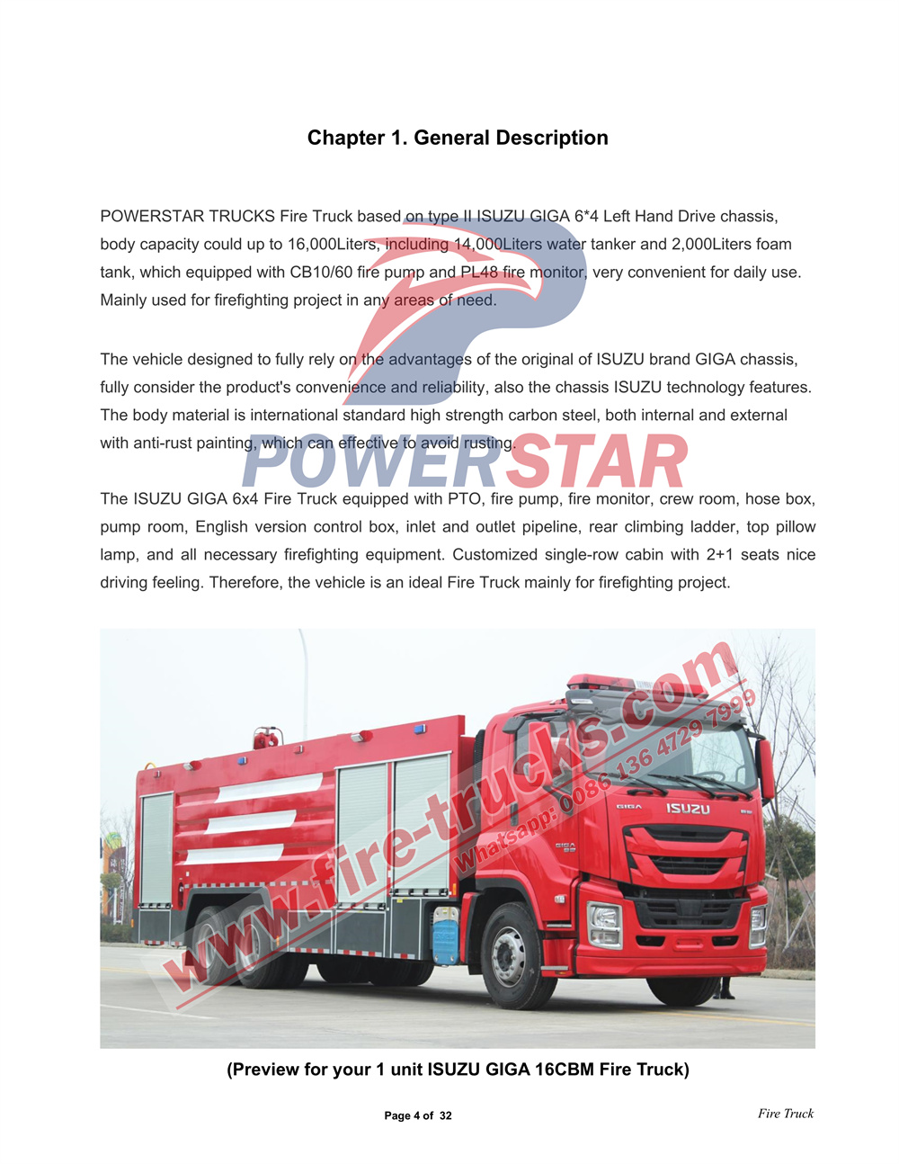 POWERSTAR ISUZU GIGA 6X4 Water Foam Fire Truck Manual