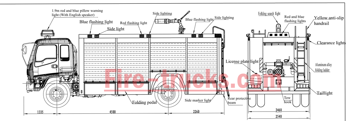 ISUZU GIGA 4x2 6000L foam water fire truck technical drawing